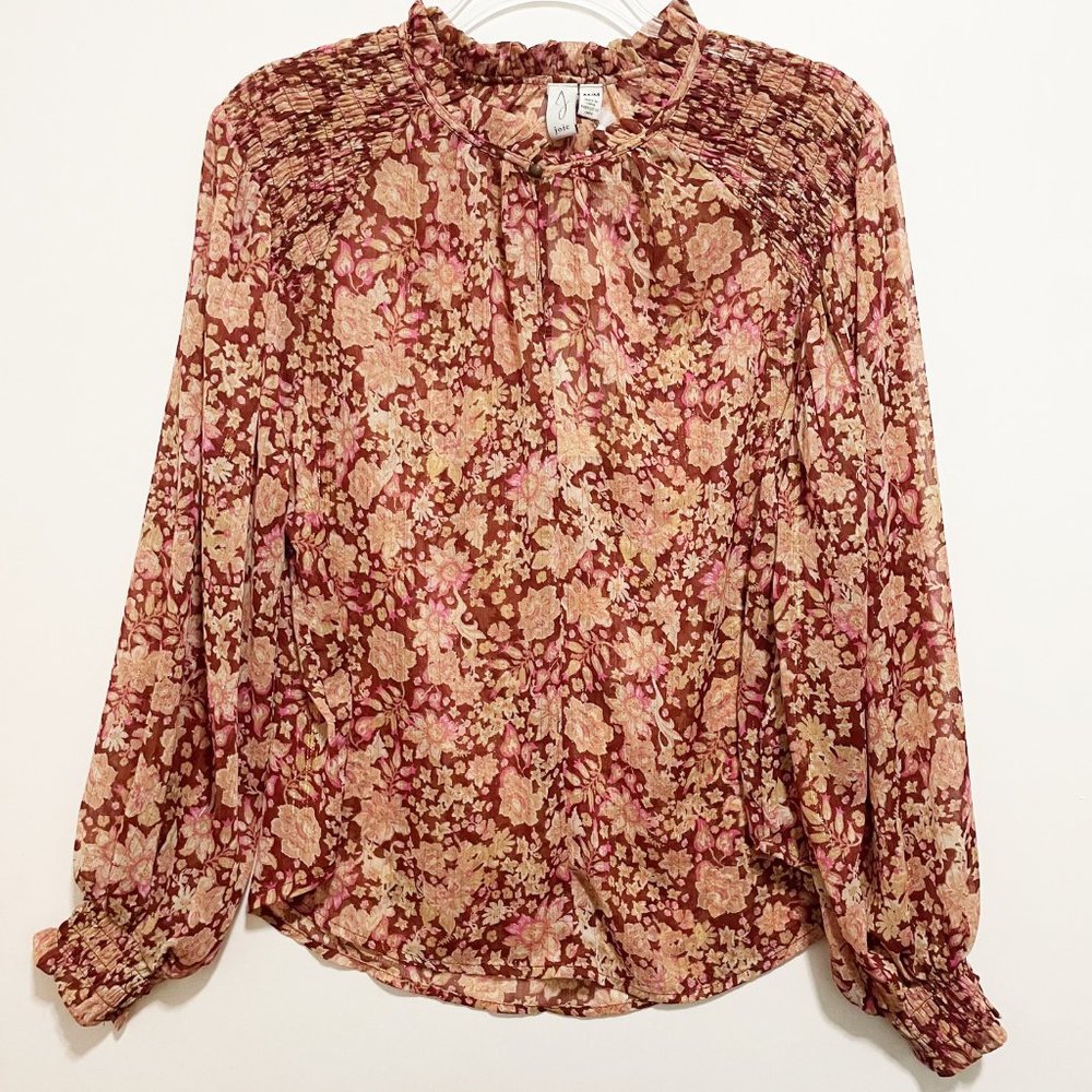 Joie Wine, Pink, Cream and Gold Lurex Floral Printed Smocked Blouse NWT SIZE M